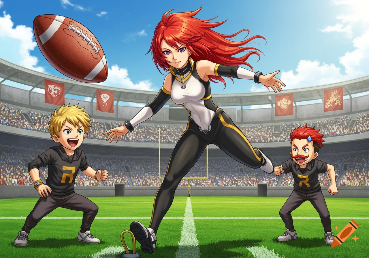 An anime woman with red hair punts a football on a stadium field, flanked by two excited anime boys.