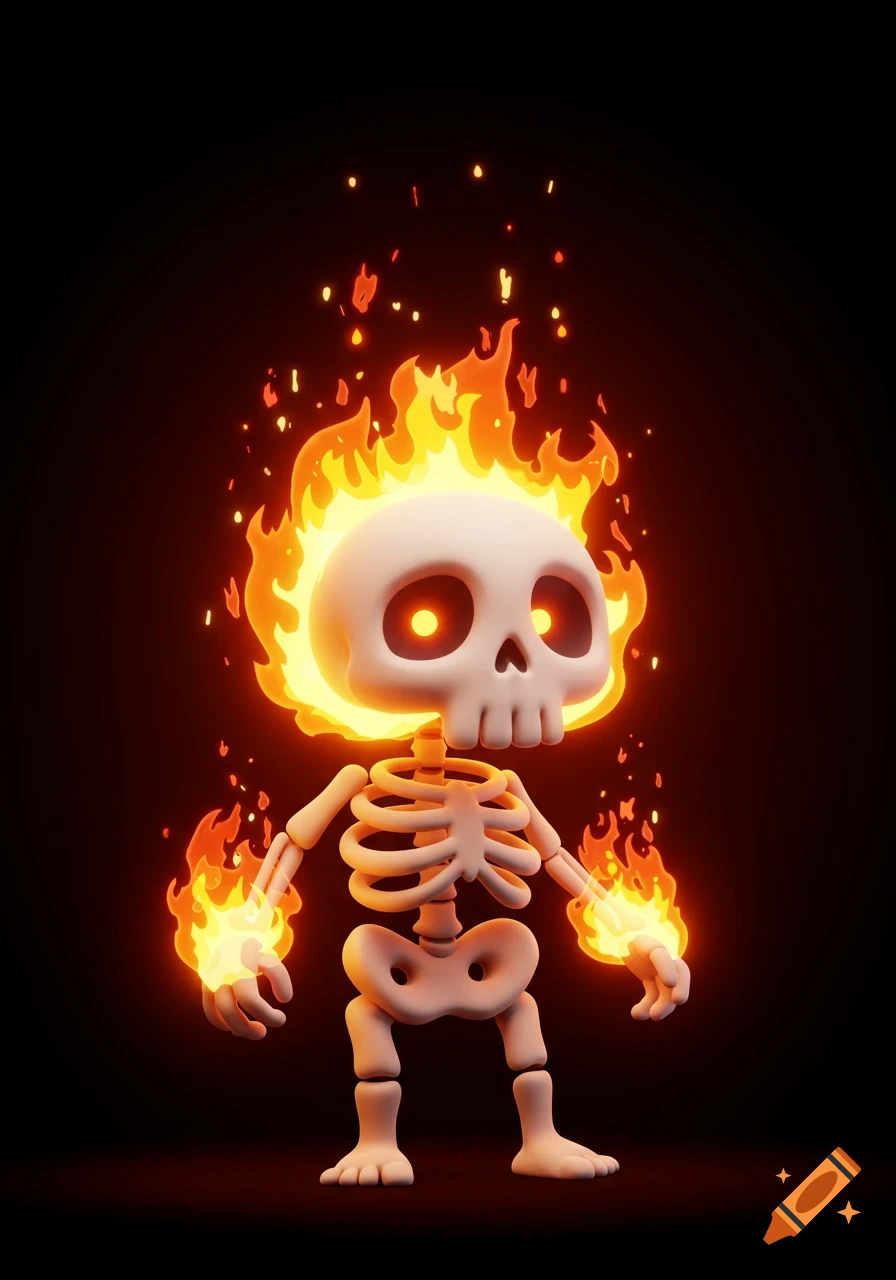 A cute, stylized 3D cartoon skeleton with its head and hands engulfed in bright orange flames, standing against a dark background.
