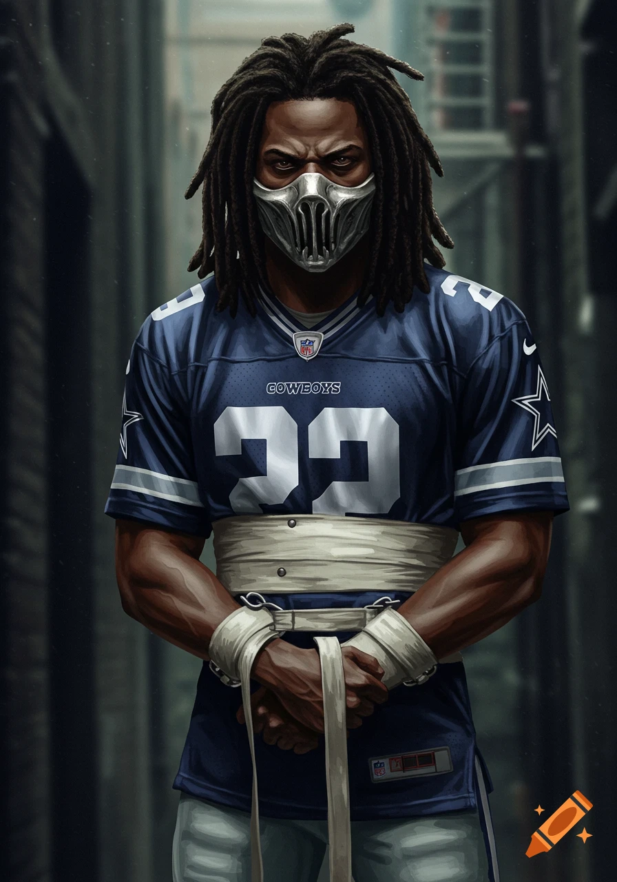 A man with dreadlocks wears a Dallas Cowboys jersey and a metal mask, with white straps around his waist and wrists. Digital art.