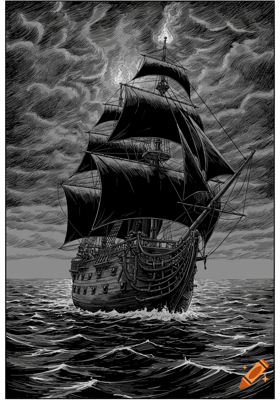 Dramatic line sketch of an all-black fantasy pirate ship with black sails, ethereal fire, on a dark, stormy, moonlit sea.