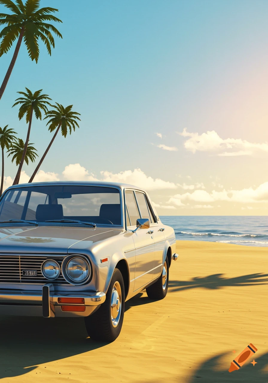 A silver classic car parked on a sandy beach under palm trees, with the ocean in the background, in a vibrant retro art style.