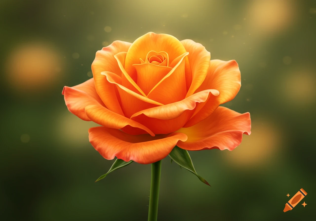 A vibrant orange rose with a green stem against a soft, blurred green background with light bokeh.