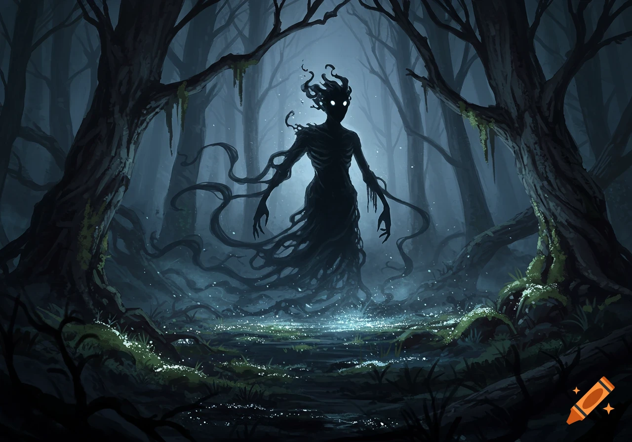 A dark, shadowy creature with glowing eyes stands in a mysterious, overgrown forest with shimmering light on the ground, in an illustrative style.