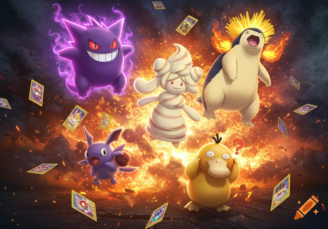 Gengar, Typhlosion, Alcremie, Psyduck, and Nidoran male surrounded by explosions and flying Pokémon cards.