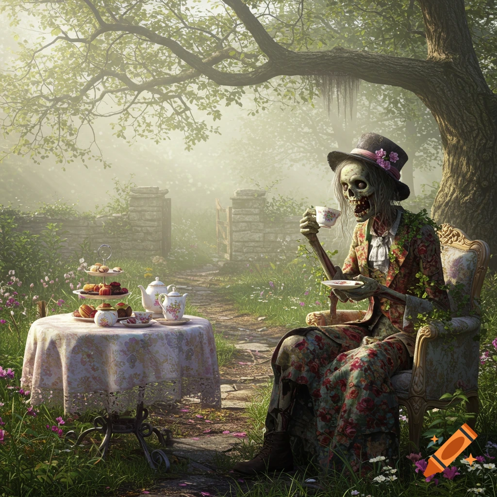 A photorealistic zombie in a floral suit and top hat sips tea at an outdoor tea party in a lush, misty garden.