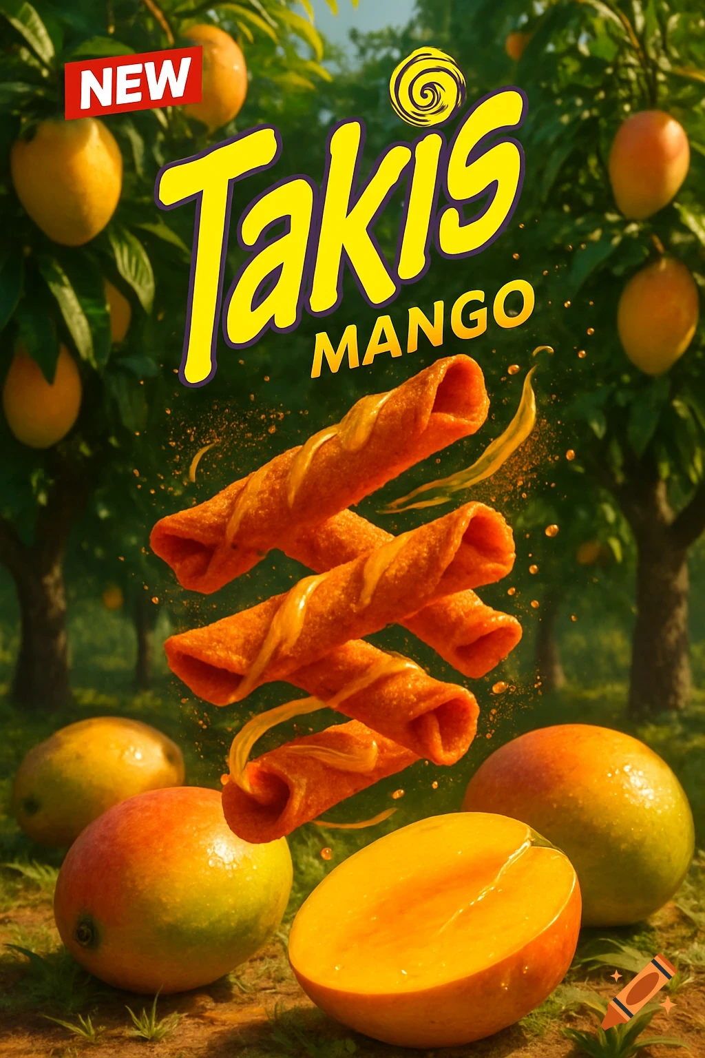 A vibrant ad for 'NEW Takis Mango' showing orange rolled chips with mango sauce, surrounded by fresh whole and cut mangos in a lush mango grove.