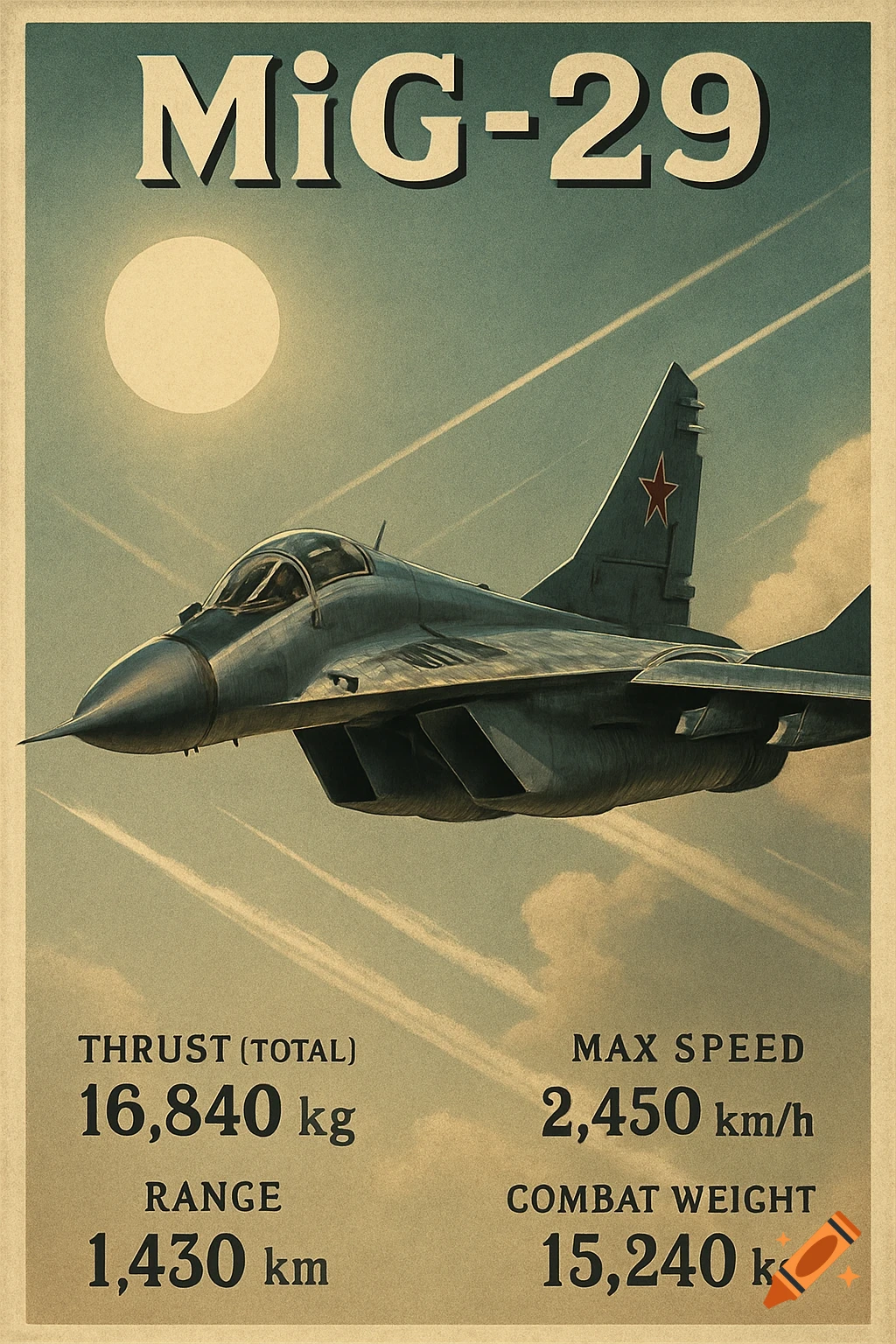 Retro poster featuring a MiG-29 fighter jet flying under a sun, with its technical specifications listed below.