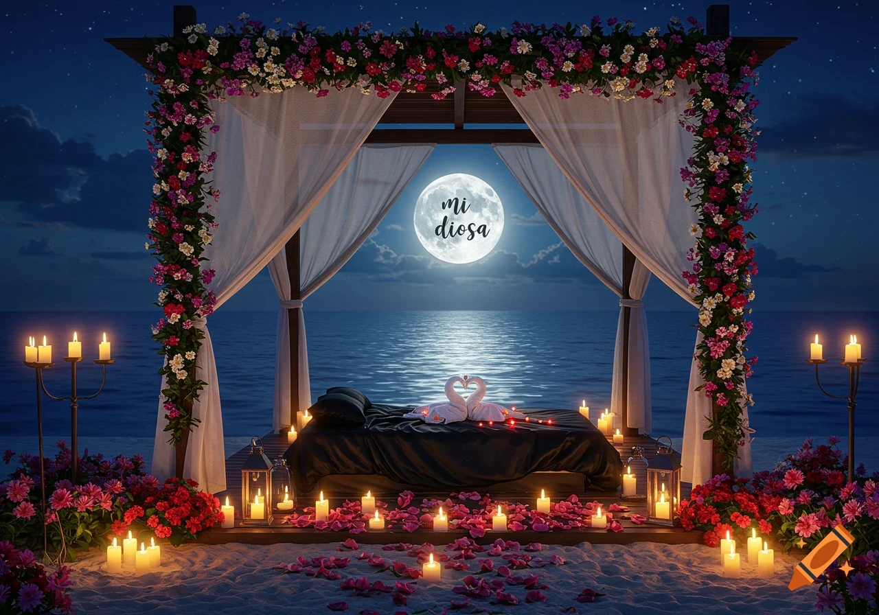 Romantic beach cabana at night, adorned with flowers and candles, featuring a bed and a full moon with 'mi diosa' over the ocean.