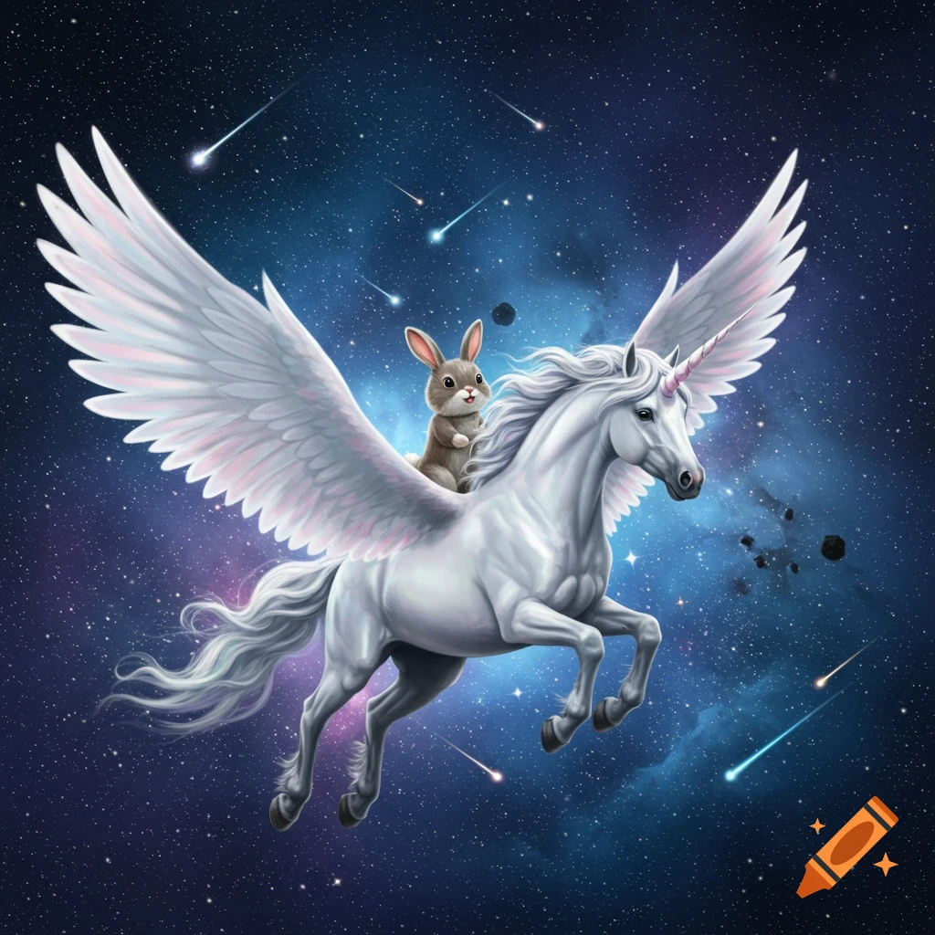 A cute bunny with large ears rides a white winged unicorn through a starry space scene with shooting stars and nebulae.