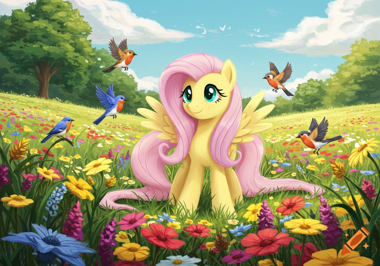 Fluttershy, a yellow My Little Pony with pink mane and wings, stands in a vibrant field of colorful flowers with birds flying around.