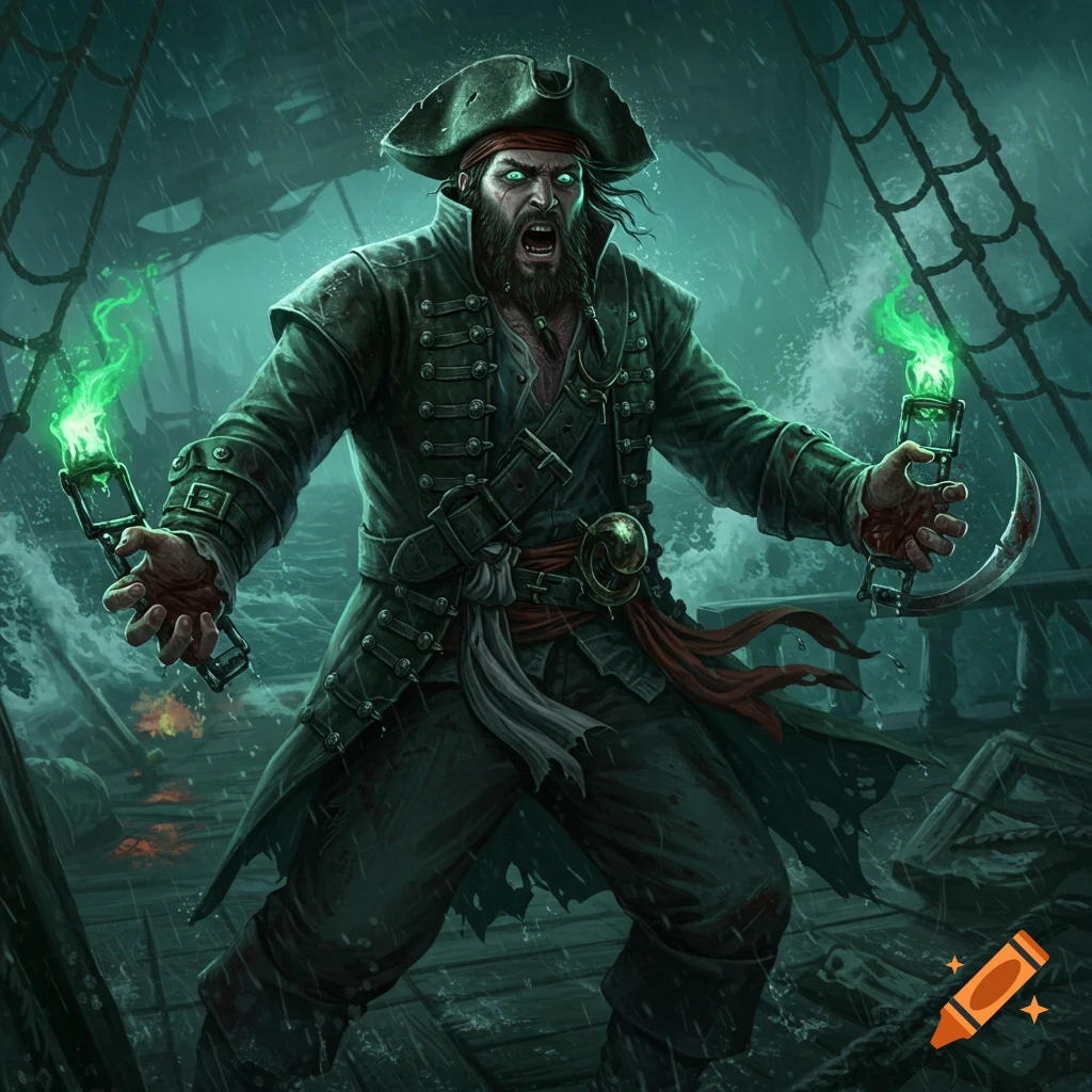 A furious pirate with glowing green eyes and bloodied hands holds a green flaming torch and a hook, standing on a stormy ship deck.