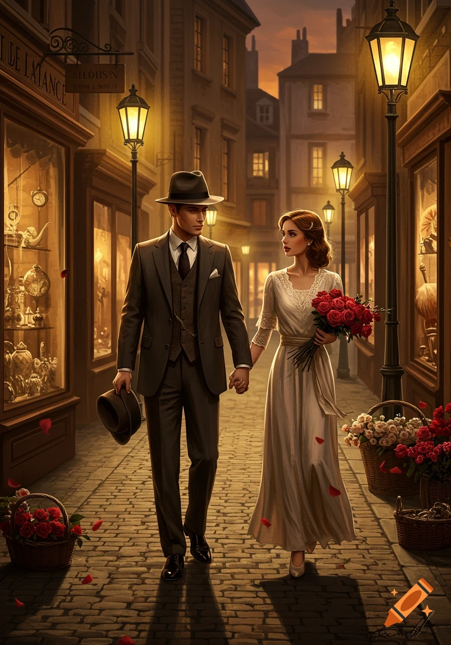 A couple walks hand-in-hand down a dimly lit vintage European cobblestone street, lined with shops and gas lamps, at dusk.