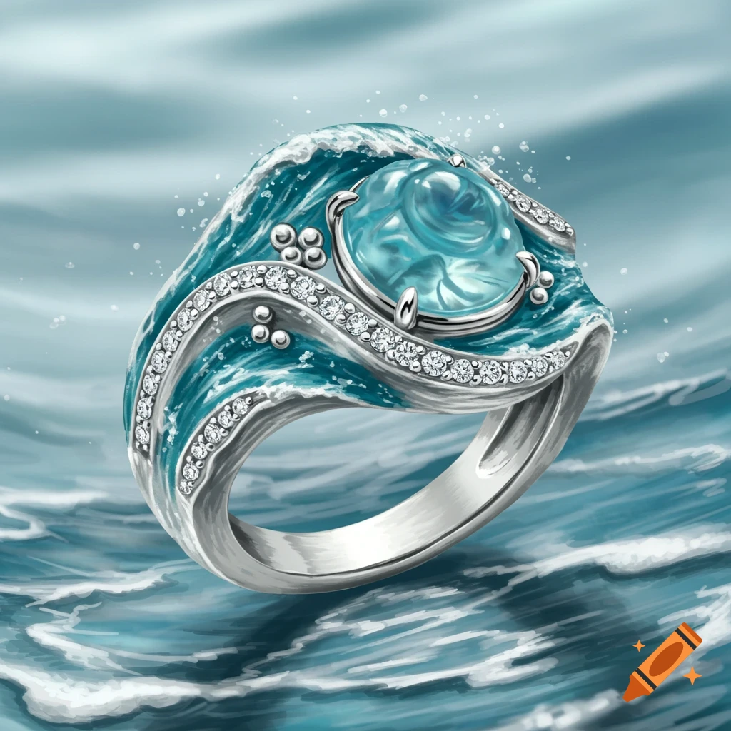 A silver ring designed like an ocean wave, with a blue gem in the center and small diamonds on the crest, on a wavy blue background.