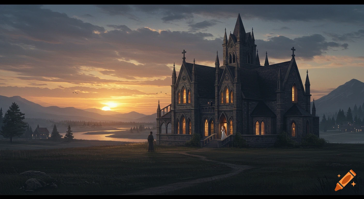 A gothic cathedral stands in a vast, misty landscape with mountains and a winding river at sunset, a small couple on its steps.