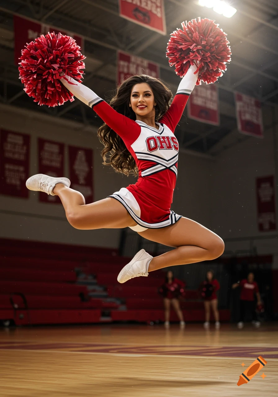 A photorealistic brunette cheerleader in a red and white uniform jumps with red pom-poms in a gymnasium.