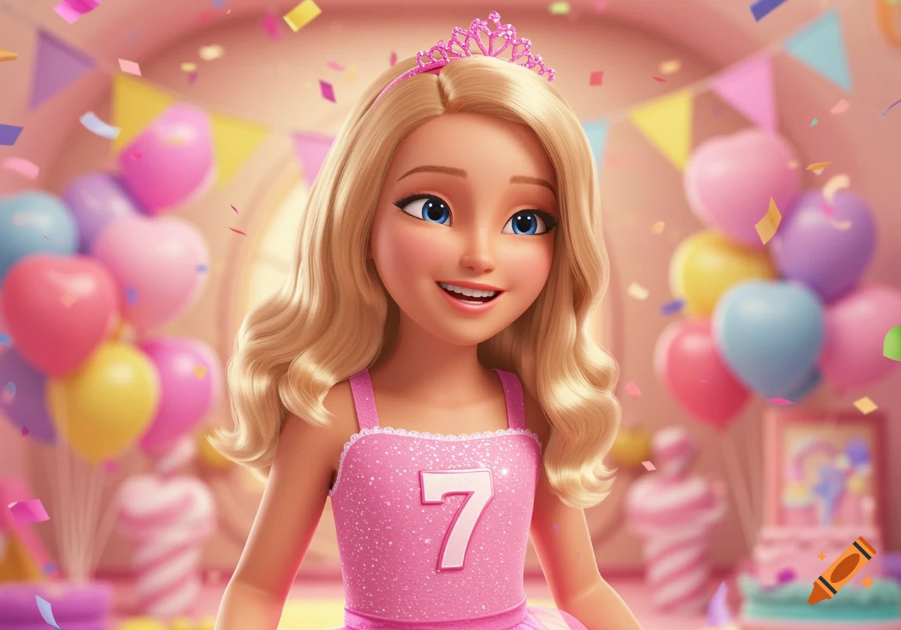A smiling blonde, blue-eyed Barbie-style cartoon girl in a pink glittery dress with a '7' on it and a tiara, surrounded by balloons and confetti at a birthday party.