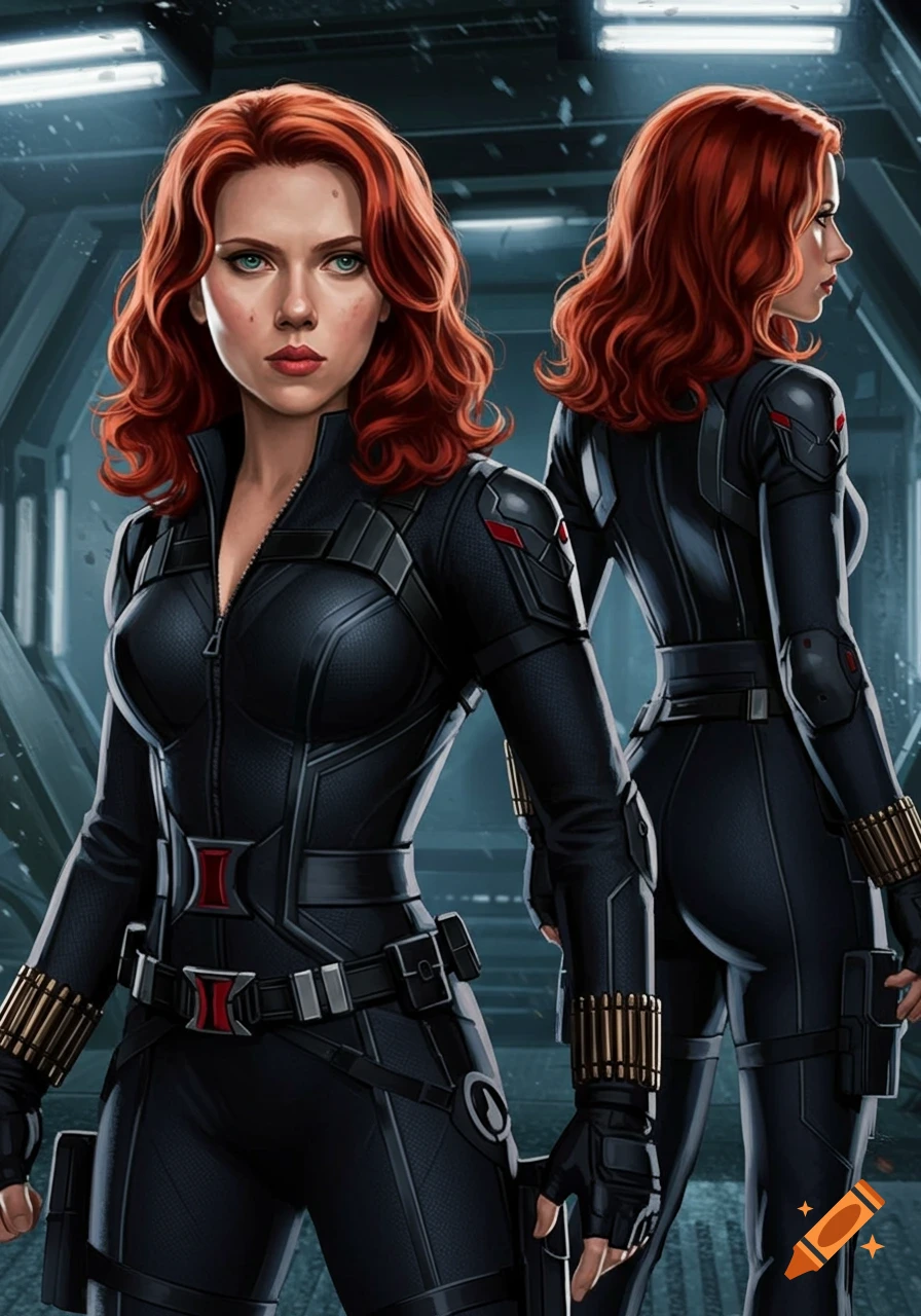 Illustrated full-body front and back views of Black Widow in her black suit within a dark, futuristic corridor.