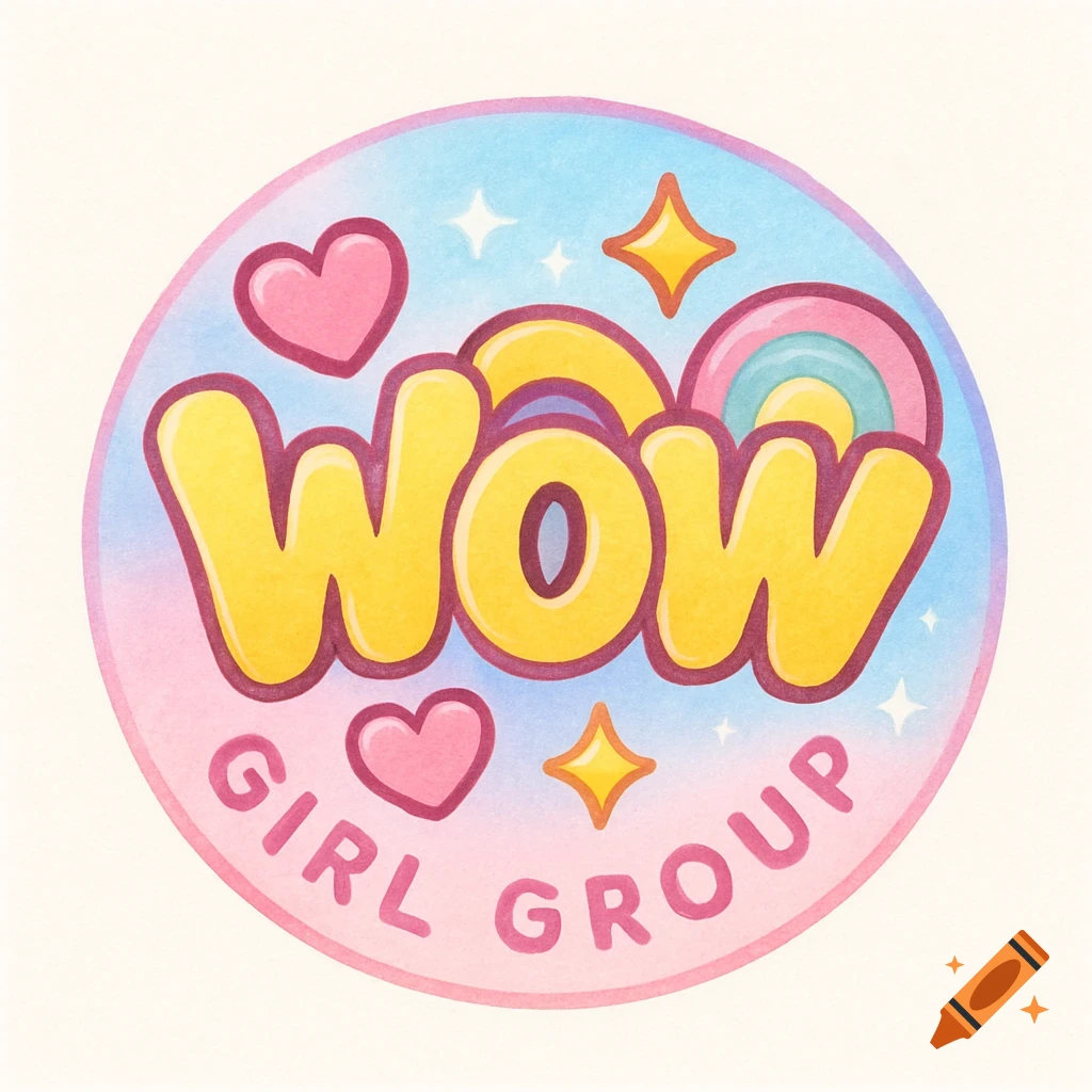 A cute, colorful circular logo with 'Wow' in yellow bubble letters and 'Girl Group' in pink, against a blue and pink gradient background with hearts and stars.