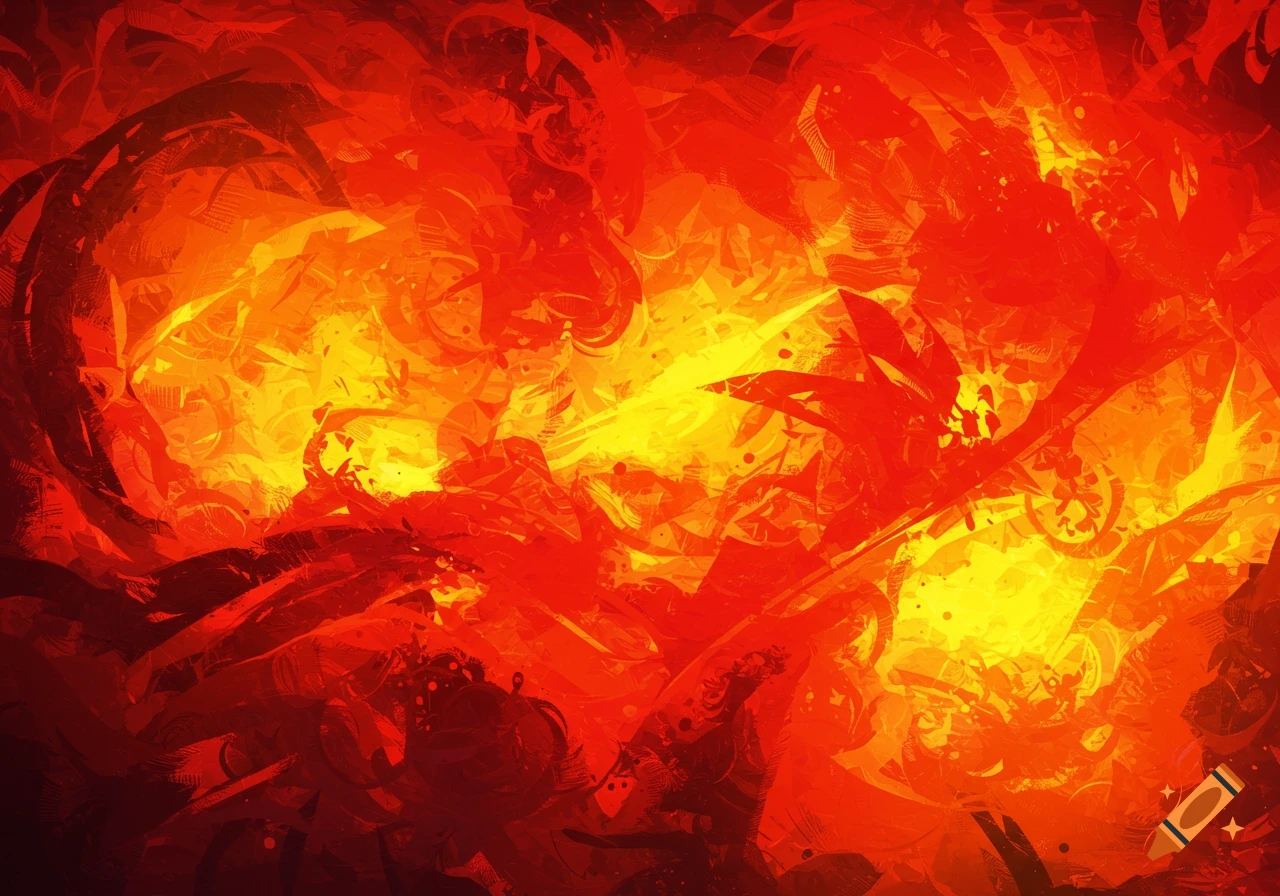 Vibrant abstract painting with swirling reds, oranges, and yellows, resembling fire or intense energy.