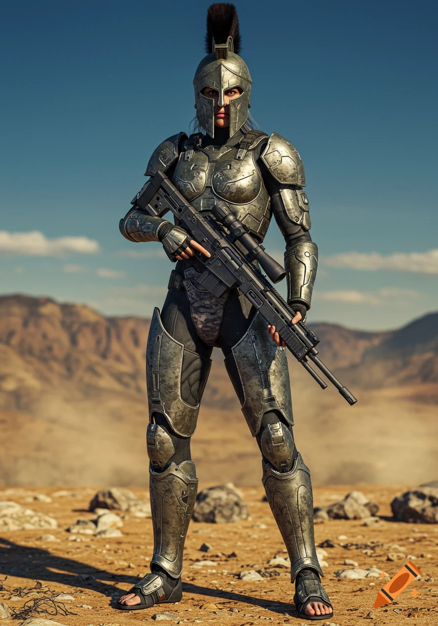 A photorealistic woman in modern Spartan warrior armor and helmet holds a sniper rifle, standing in a desert landscape.