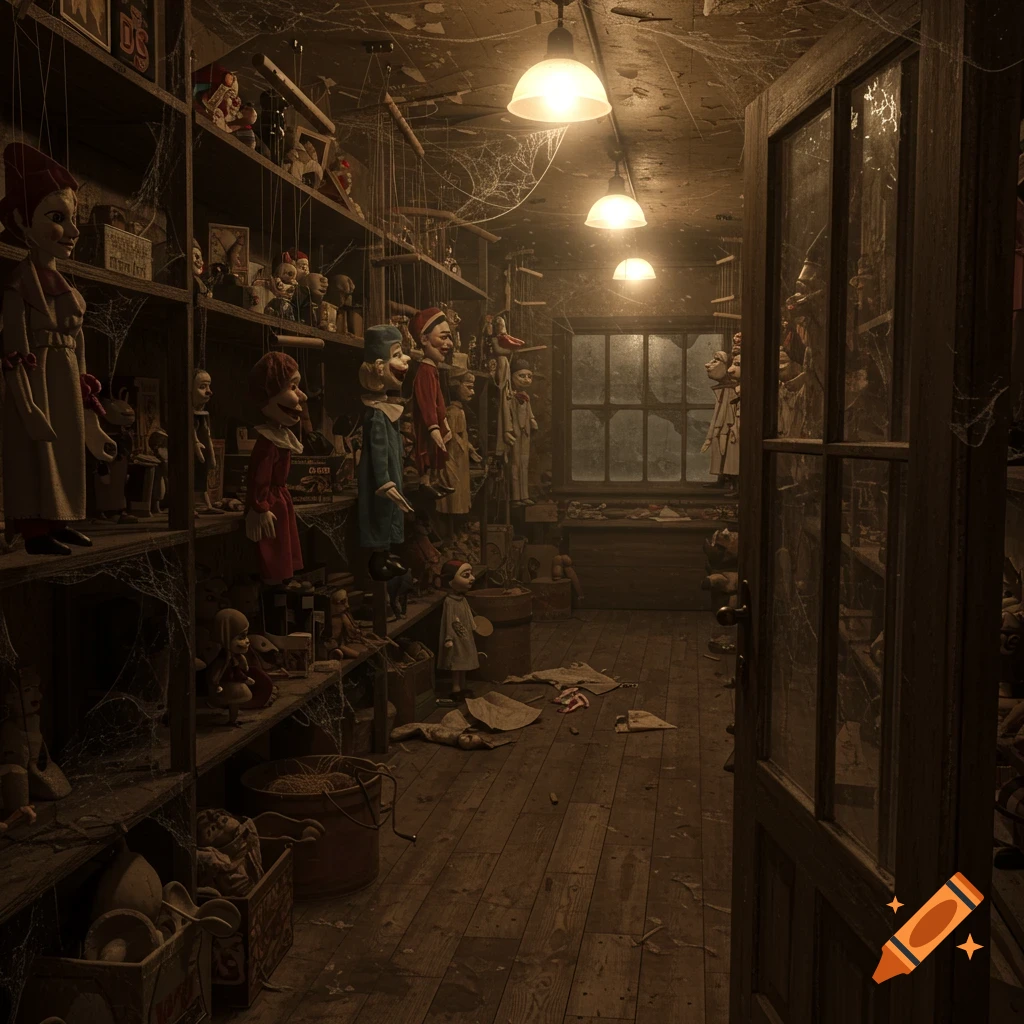 An eerie, dimly lit, abandoned puppet store interior, with shelves packed with dusty, cobweb-covered marionettes and dolls. A window is visible.