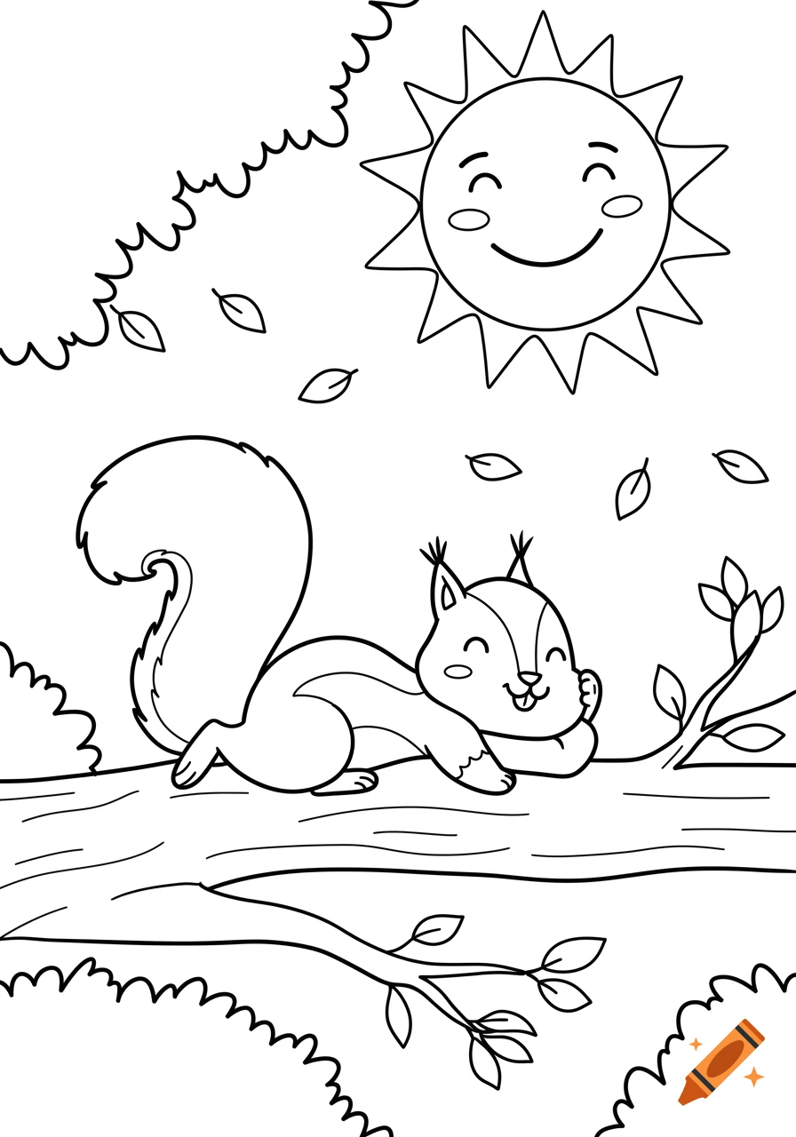 Cute black and white line drawing of a squirrel lying on a tree branch under a smiling sun, for a children's coloring book.