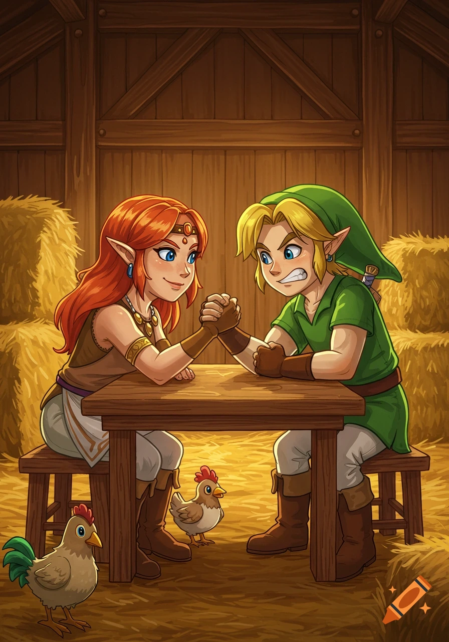 Digital cartoon of Link and Malon arm wrestling in a barn with chickens.