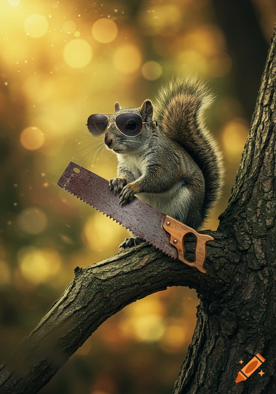Photorealistic squirrel in aviator sunglasses on a tree branch, holding a rusty saw, with a blurry golden background.