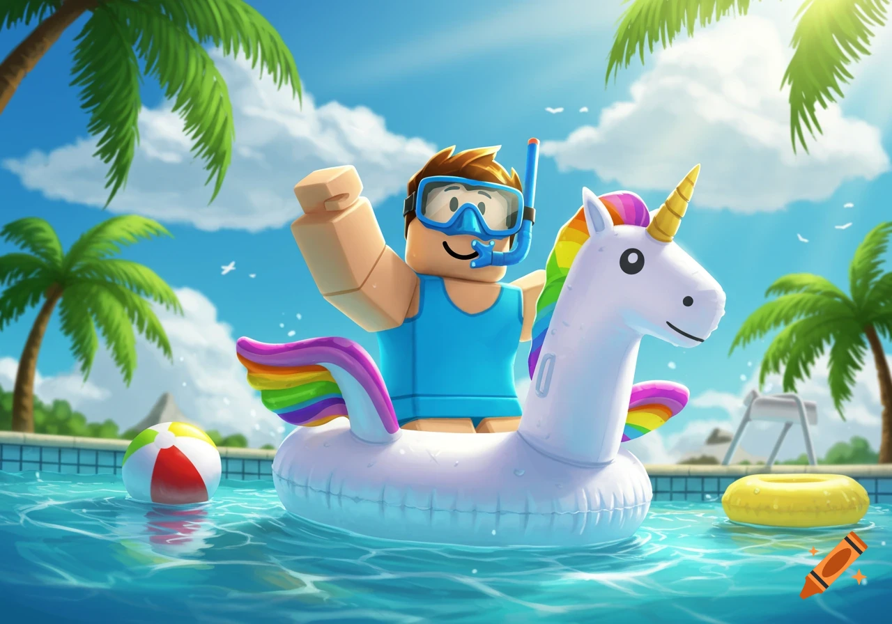 A Roblox character with a snorkel rides a unicorn pool float in a sunny swimming pool with palm trees, digital art style.