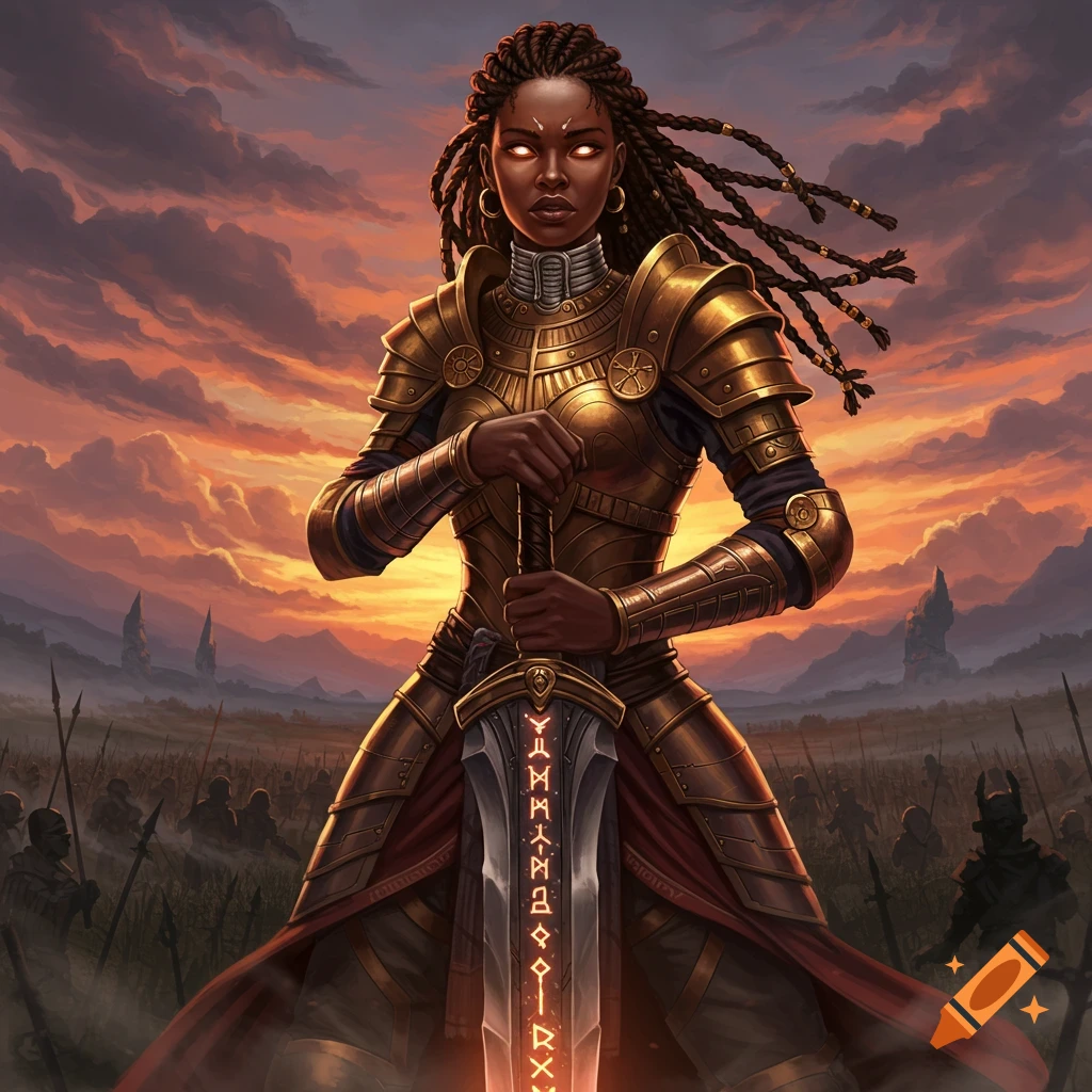 A Black female warrior in golden armor holds a glowing runic sword, standing on a battlefield under a dramatic sunset sky.