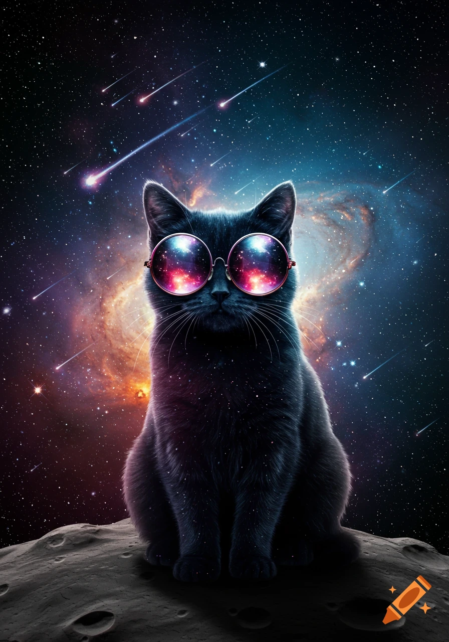 Black cat wearing round, reflective sunglasses sitting on a moon surface with a galaxy and shooting stars in the background.