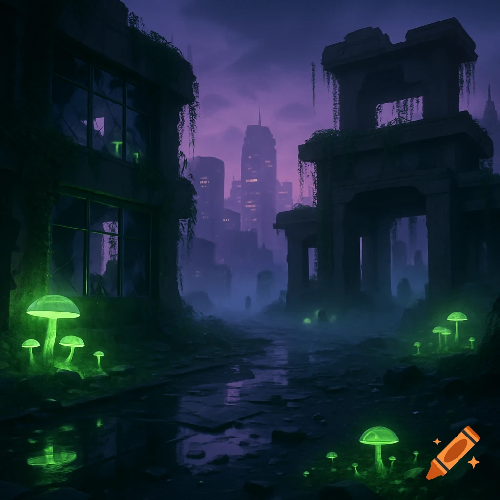 Dark, post-apocalyptic cityscape with glowing green mushrooms on a ruined street, overgrown buildings, and a foggy purple sky.