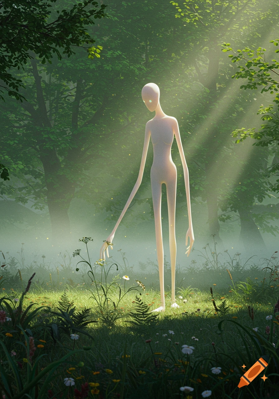 A tall, slender, pale humanoid creature with glowing eyes stands in a misty, sunlit forest, gently touching a white flower.