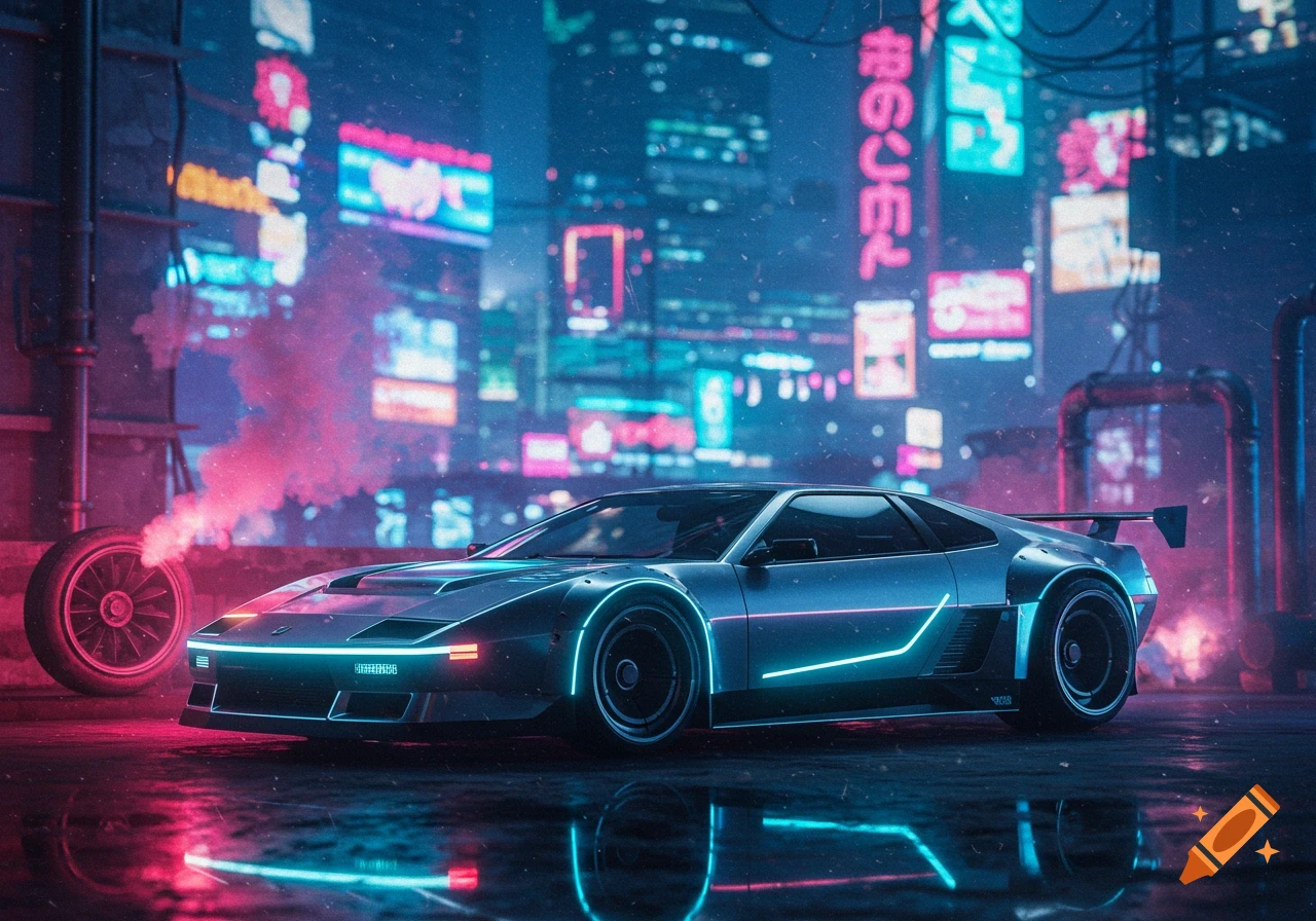 Sleek futuristic car with neon blue lights on a wet street in a rainy, cyberpunk city at night, vibrant pink and blue neon signs.