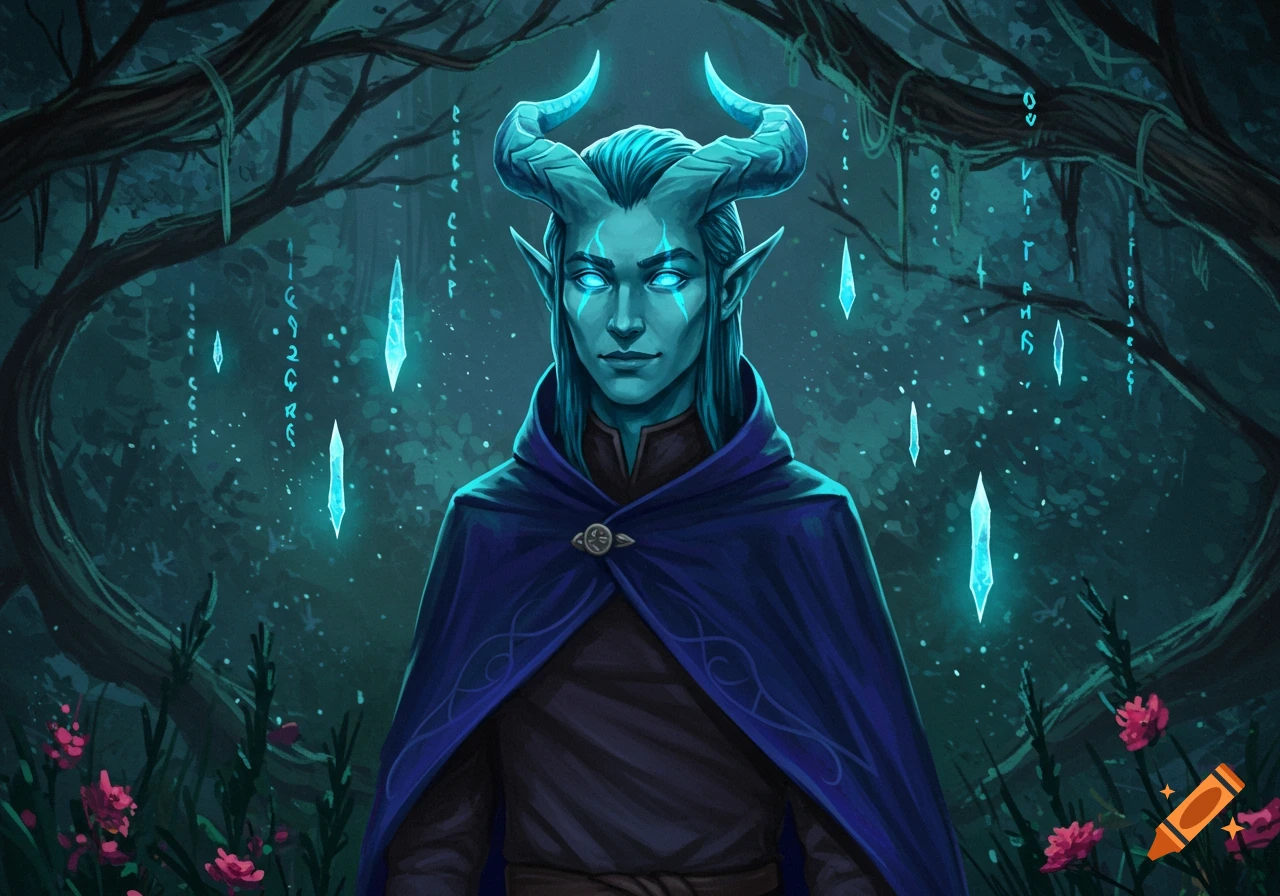 A teal-skinned fantasy character with glowing eyes and horns in a blue cape stands in a dark, magical forest with glowing crystals and runes, digital art.