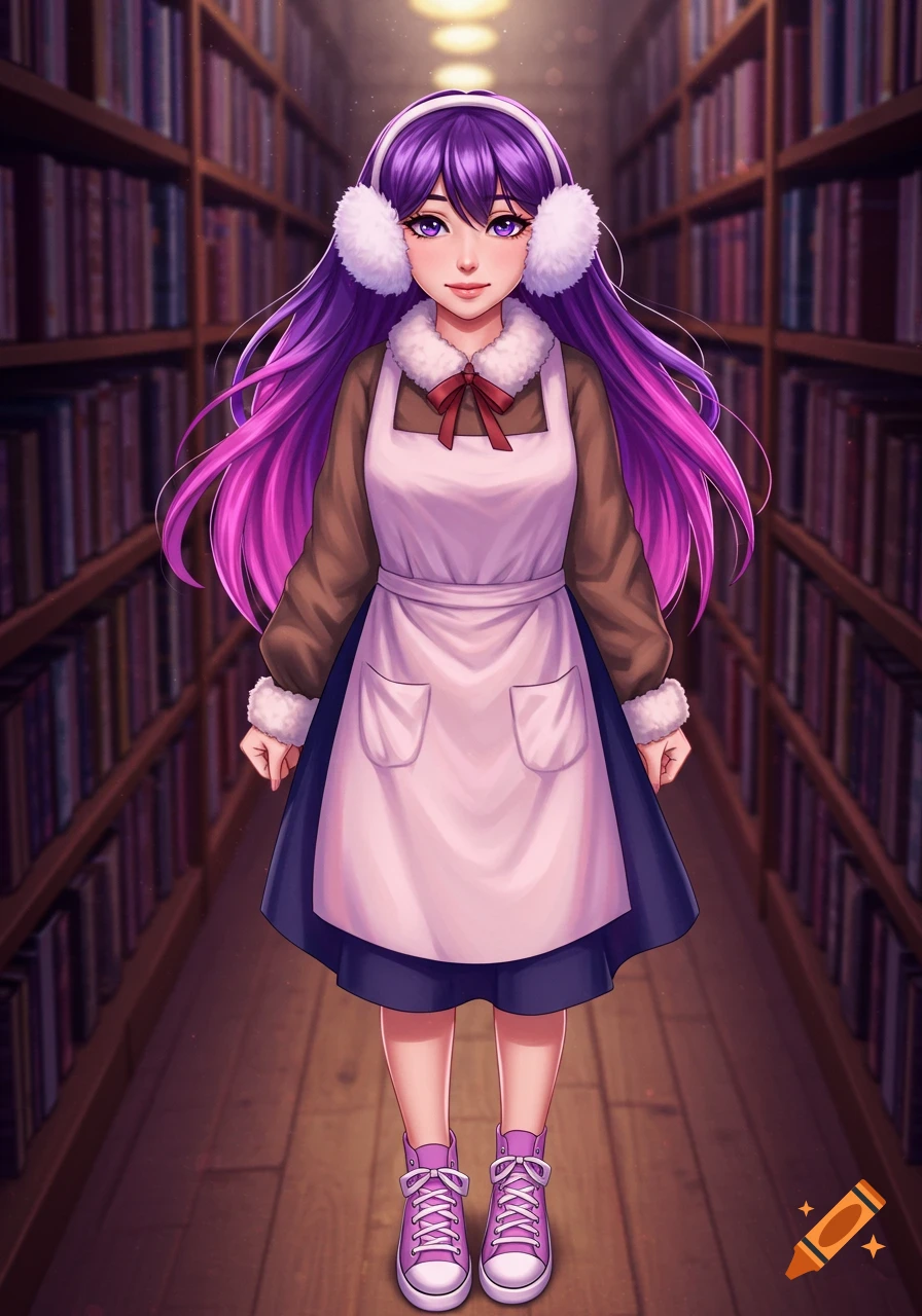 An anime girl with long purple hair, white earmuffs, and a librarian apron stands in a brightly lit library aisle.