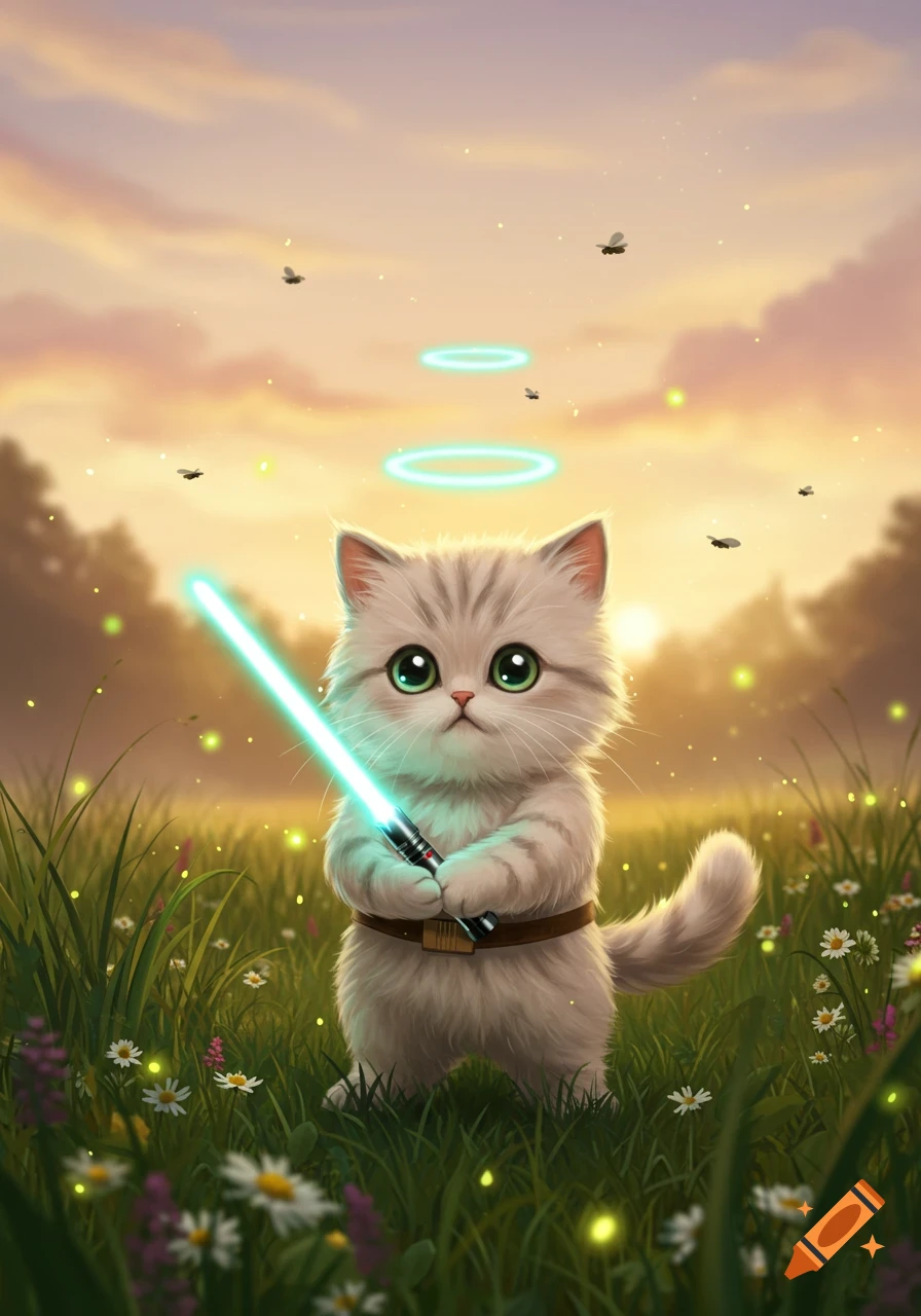 A cute fluffy kitten with big green eyes holds a glowing blue lightsaber in a grassy field with fireflies and a warm sunset sky, digital art.