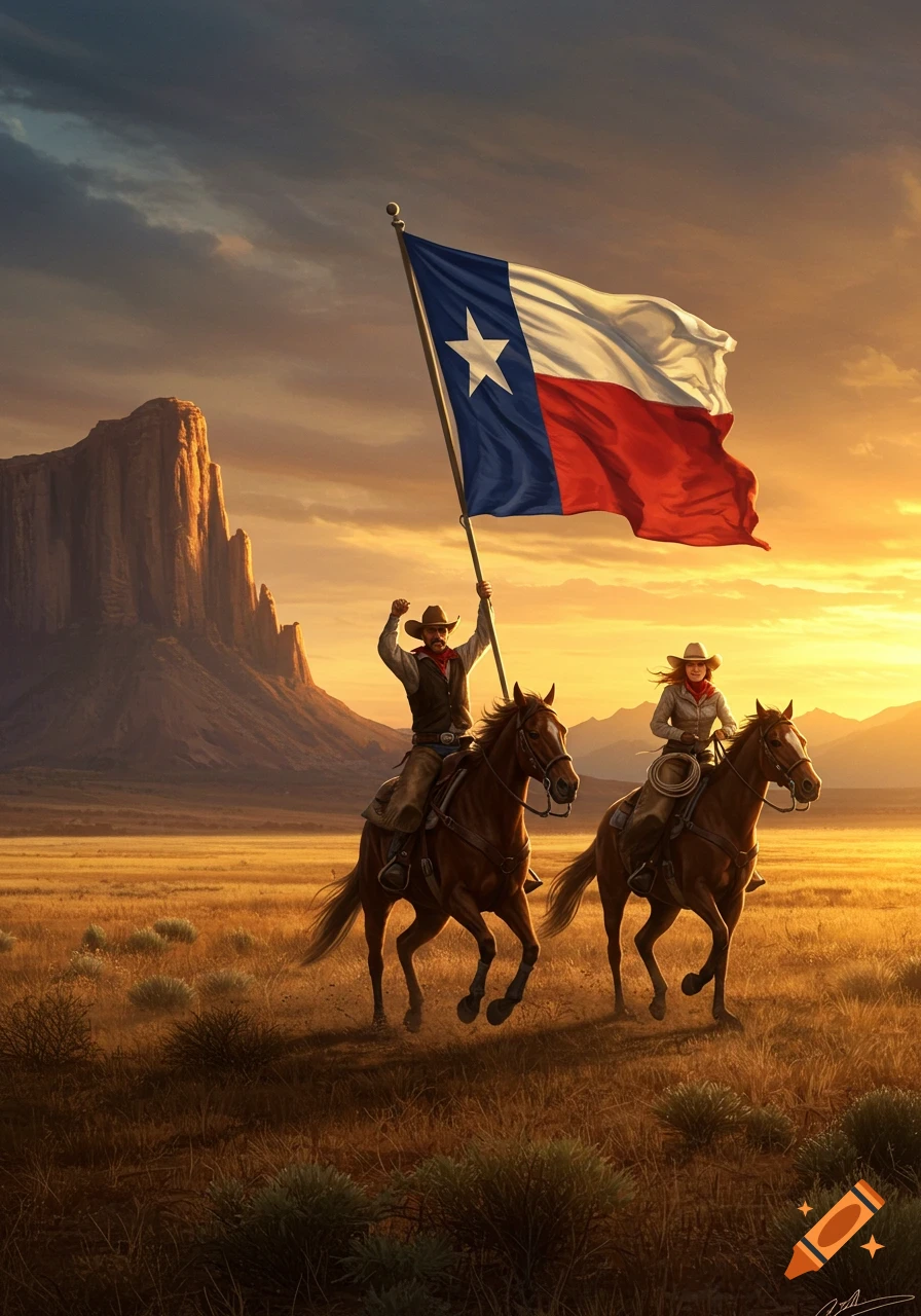 Digital painting of a cowboy and cowgirl on horseback in a desert landscape at sunset, with the cowboy holding a large Texas flag.