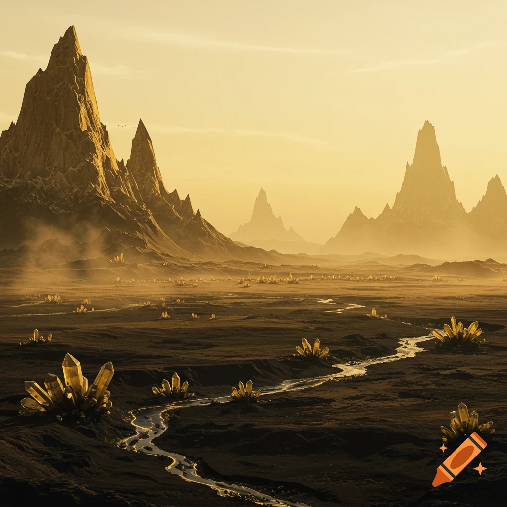 A golden alien landscape with jagged mountains, dark plains, glowing crystals, and a winding stream.