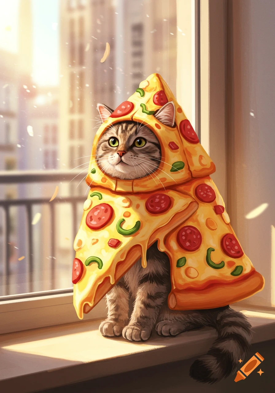 A cute tabby cat wearing a detailed pizza slice costume, sitting on a windowsill in a brightly lit room, looking out.