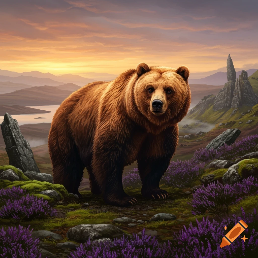A large brown bear stands amidst purple heather on a hillside, with mountains and a lake under an orange sunset sky.