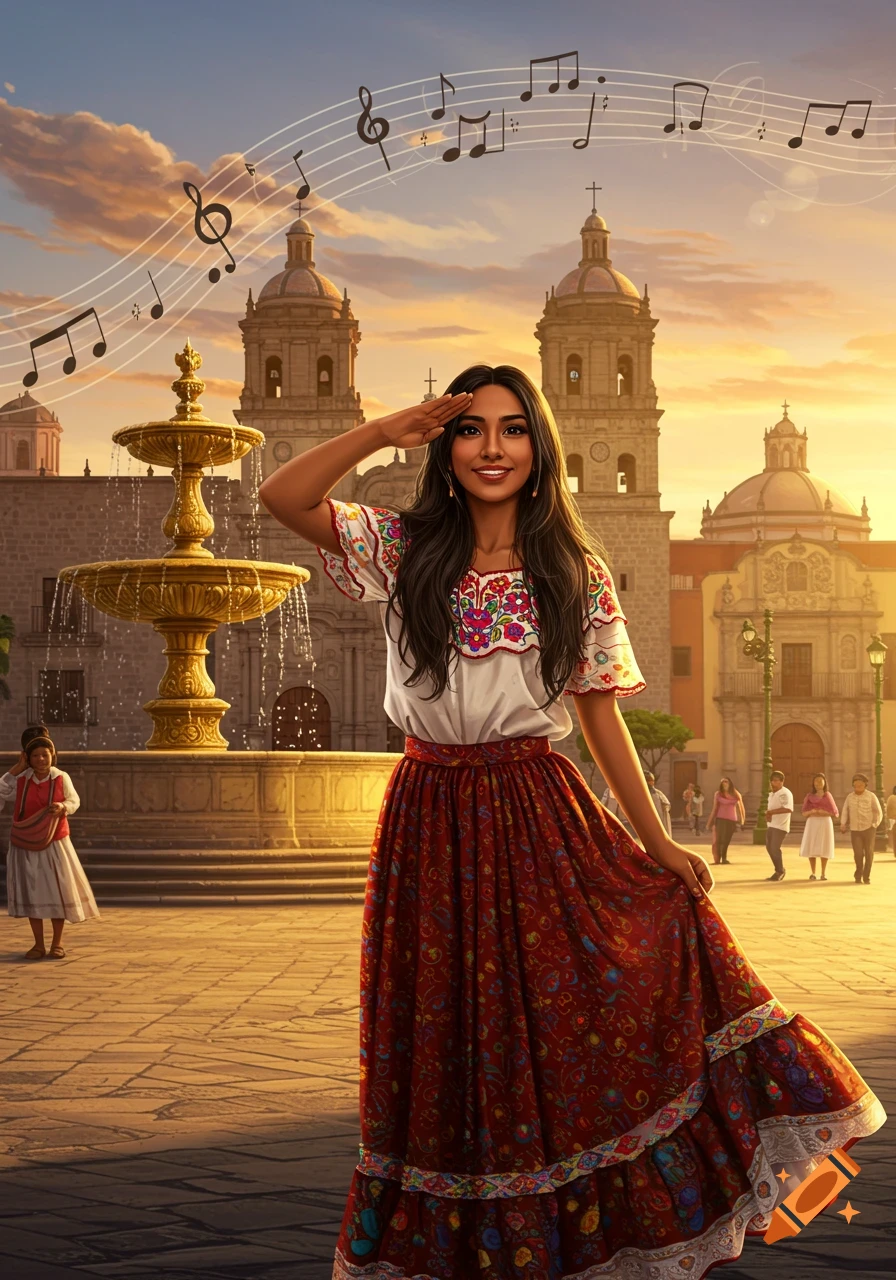 A stylized illustration of a smiling Latin woman in traditional dress saluting in a bustling city plaza with musical notes floating above.