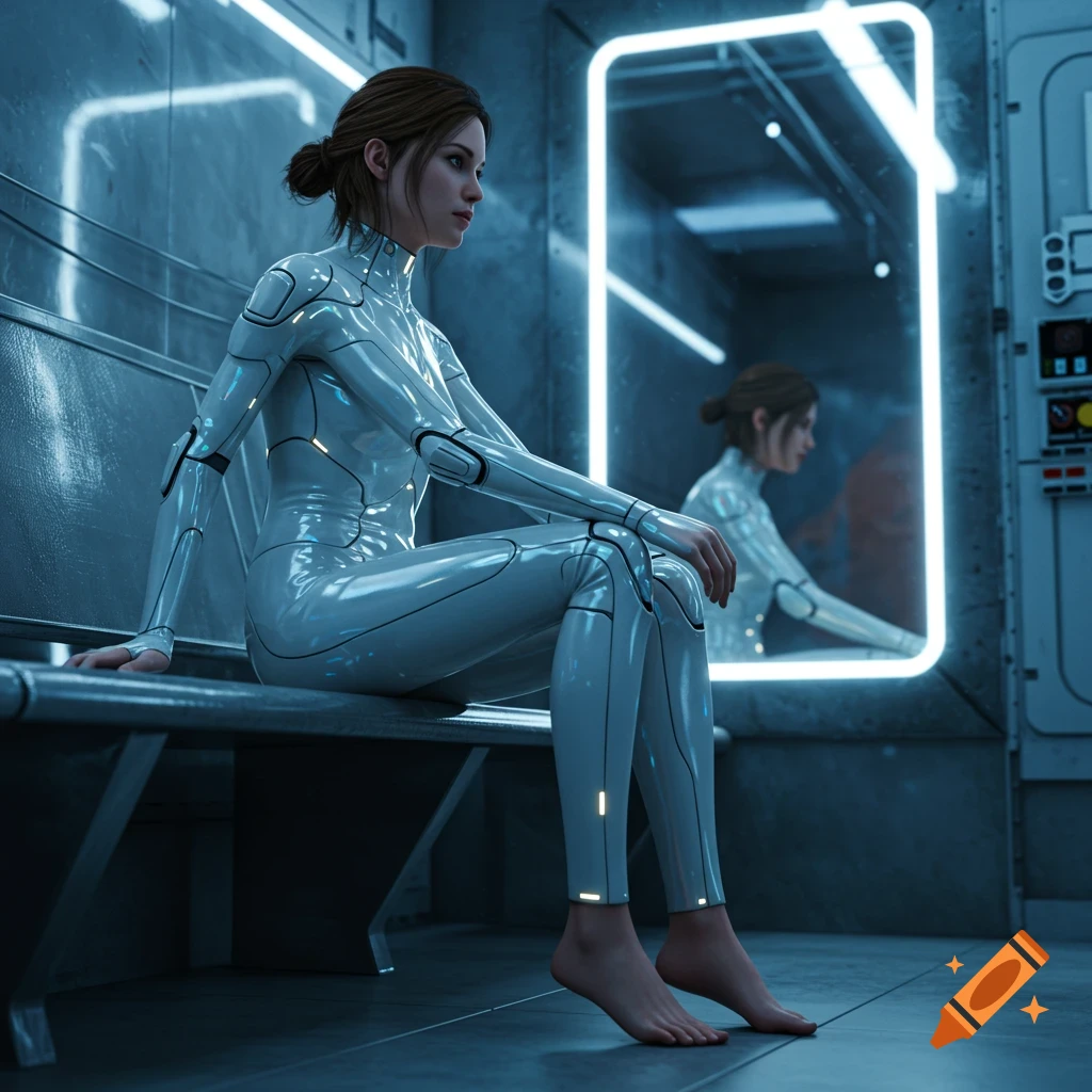 Photorealistic image of a woman in a sleek white sci-fi suit sitting barefoot on a bench in a futuristic space station, looking at her reflection.