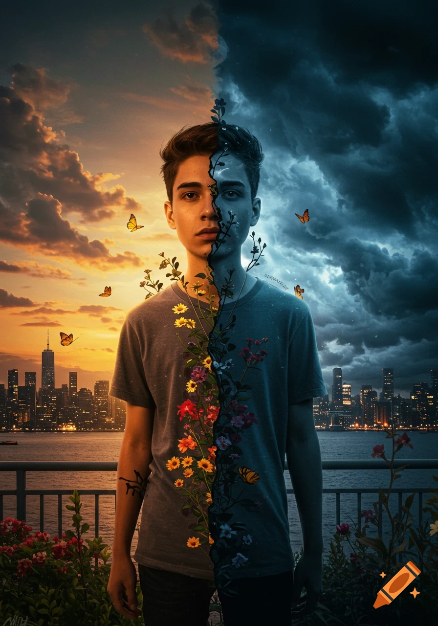 A young man, split vertically, with one side golden sunset and blooming flowers, the other stormy night with bare branches, against city skylines.