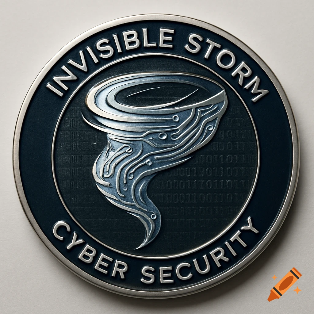 Dark blue and silver challenge coin for 'Invisible Storm Cyber Security' with a stylized tornado logo.