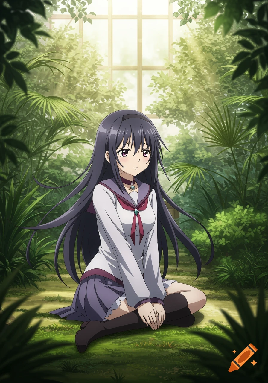 An anime girl with long dark hair and purple eyes, wearing a white shirt and pleated skirt, sits in a lush indoor garden.