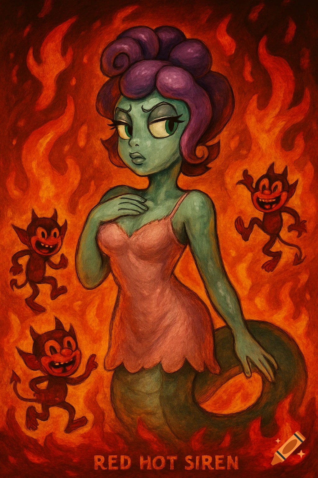 Cartoonish green siren-like woman with purple hair in a pink slip, surrounded by red cartoon devils and flames, with 'RED HOT SIREN' text at the bottom.