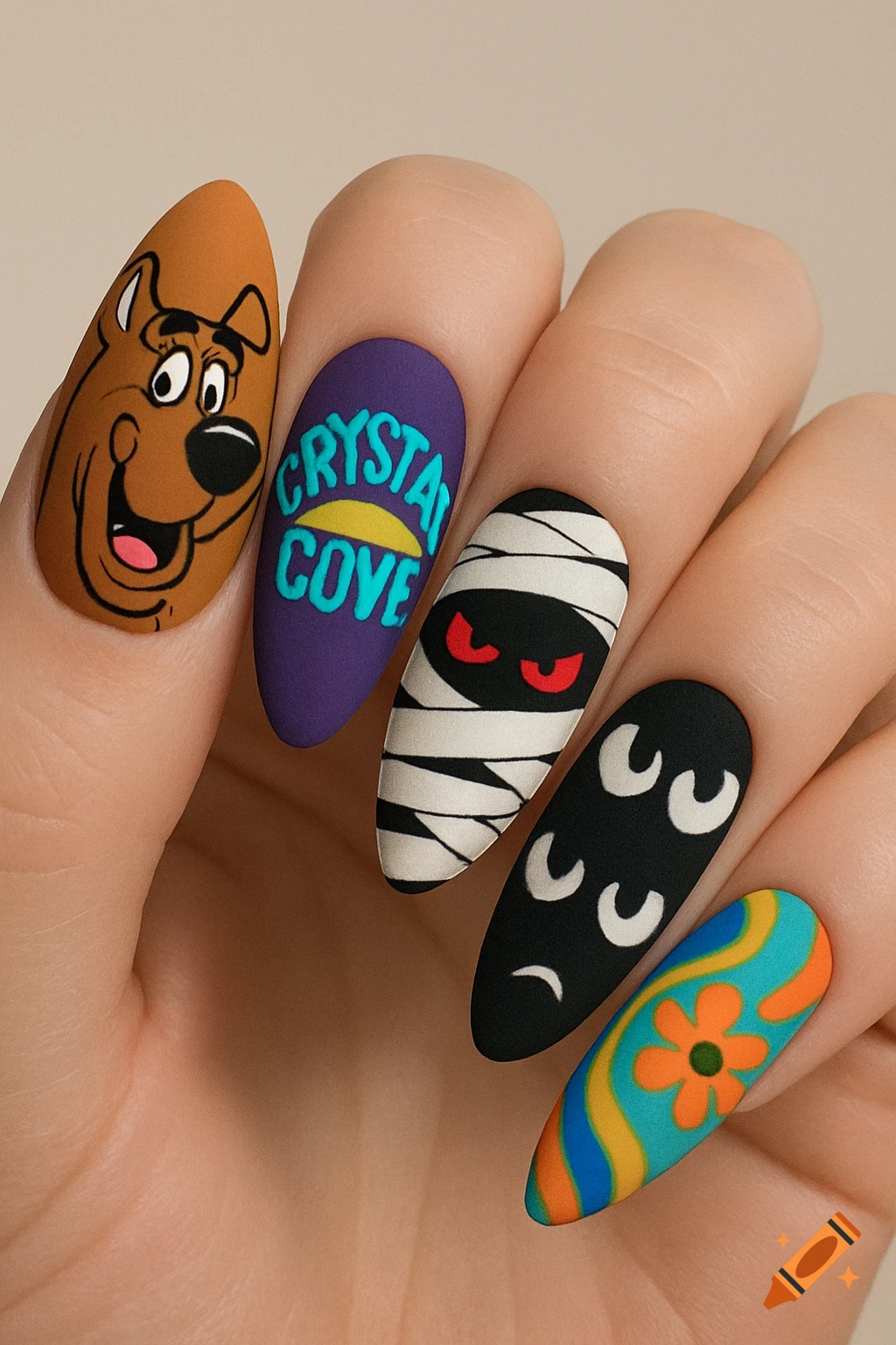 Close-up of a hand with Scooby-Doo, Crystal Cove text, mummy, spooky eyes, and a psychedelic flower on almond-shaped nails.