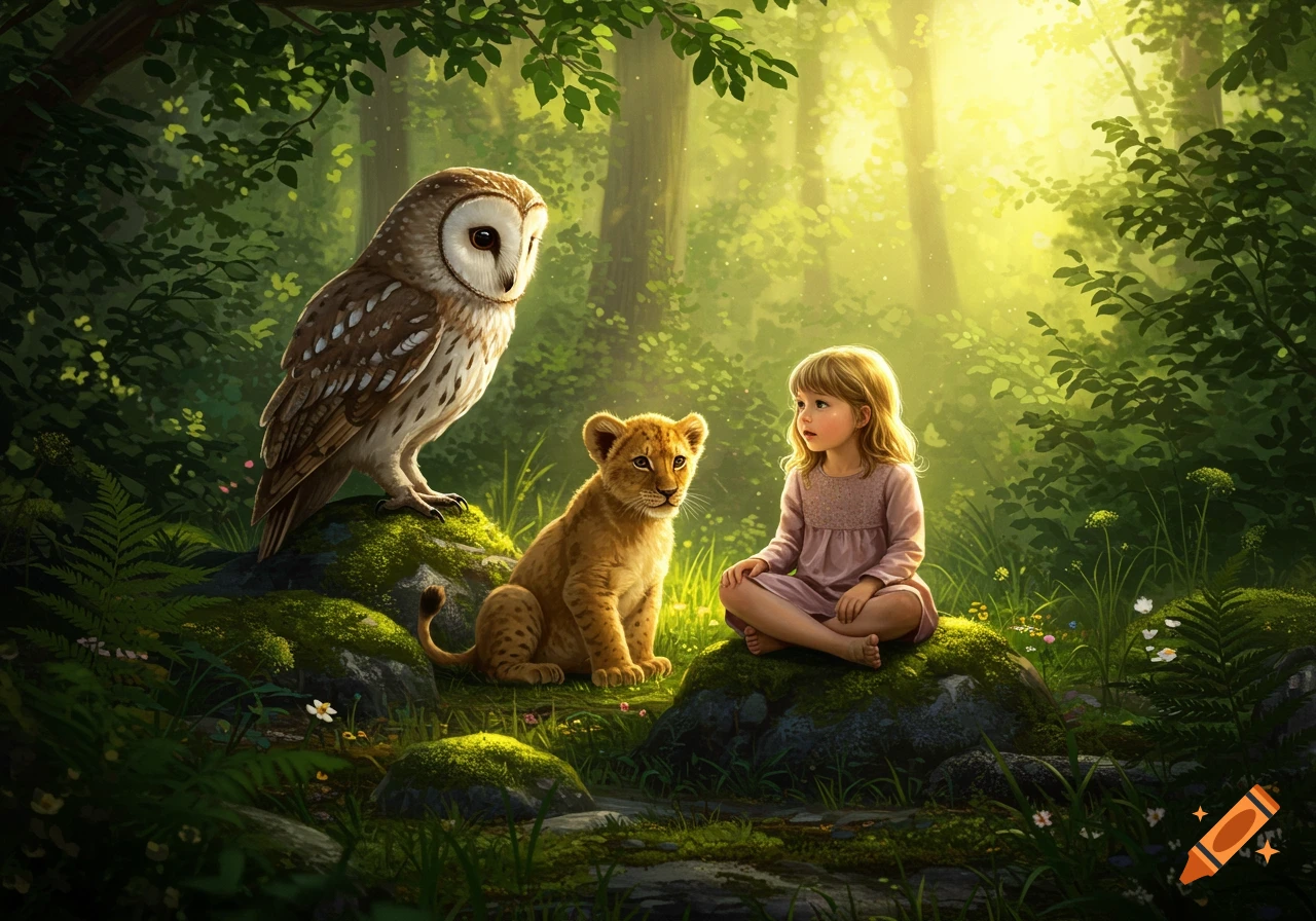 A magical illustration of a little girl sitting cross-legged with an owl and a lion cub in a sunlit, mossy forest.