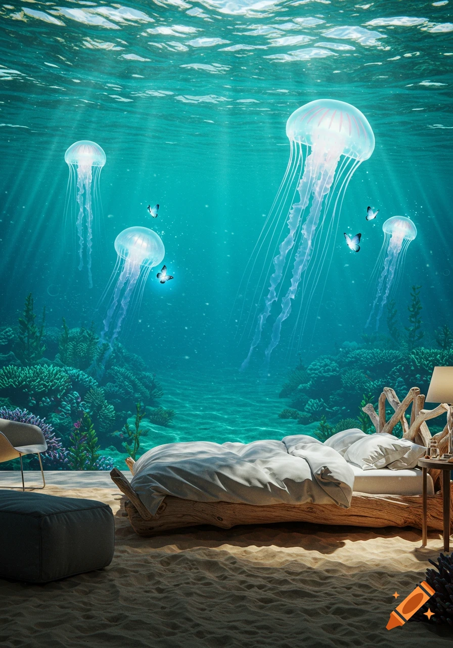 A magical underwater bedroom with a wooden bed on a sandy floor, glowing jellyfish, and blue butterflies amidst coral.